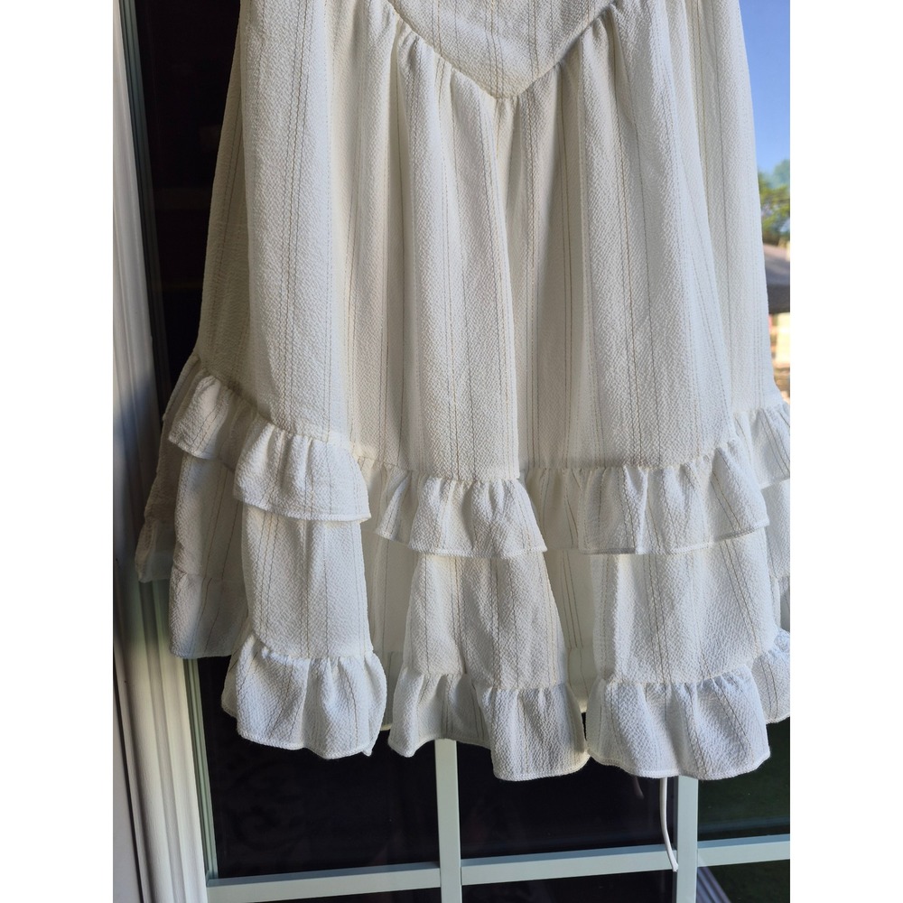 White Gold Pinstripe Ruffle Mini Dress Corset Lace Up Back Tie Strap Womens S - Picture 3 of 16
